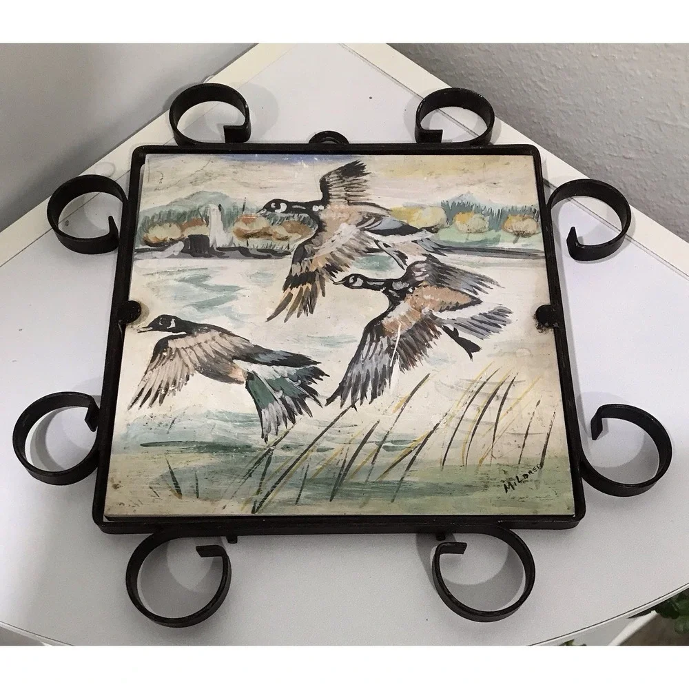 Vintage Geese Birds Tile Trivet Plaque Hand Paint Metal Scroll Frame Cabin Core